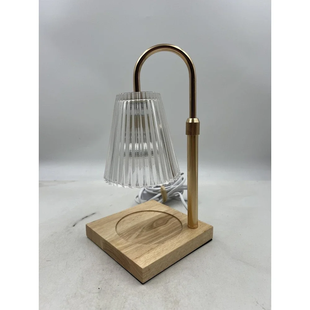 Electric Candle Warmer Lamp Gold Fluted Glass Shade Wood Base Timer Dimmer